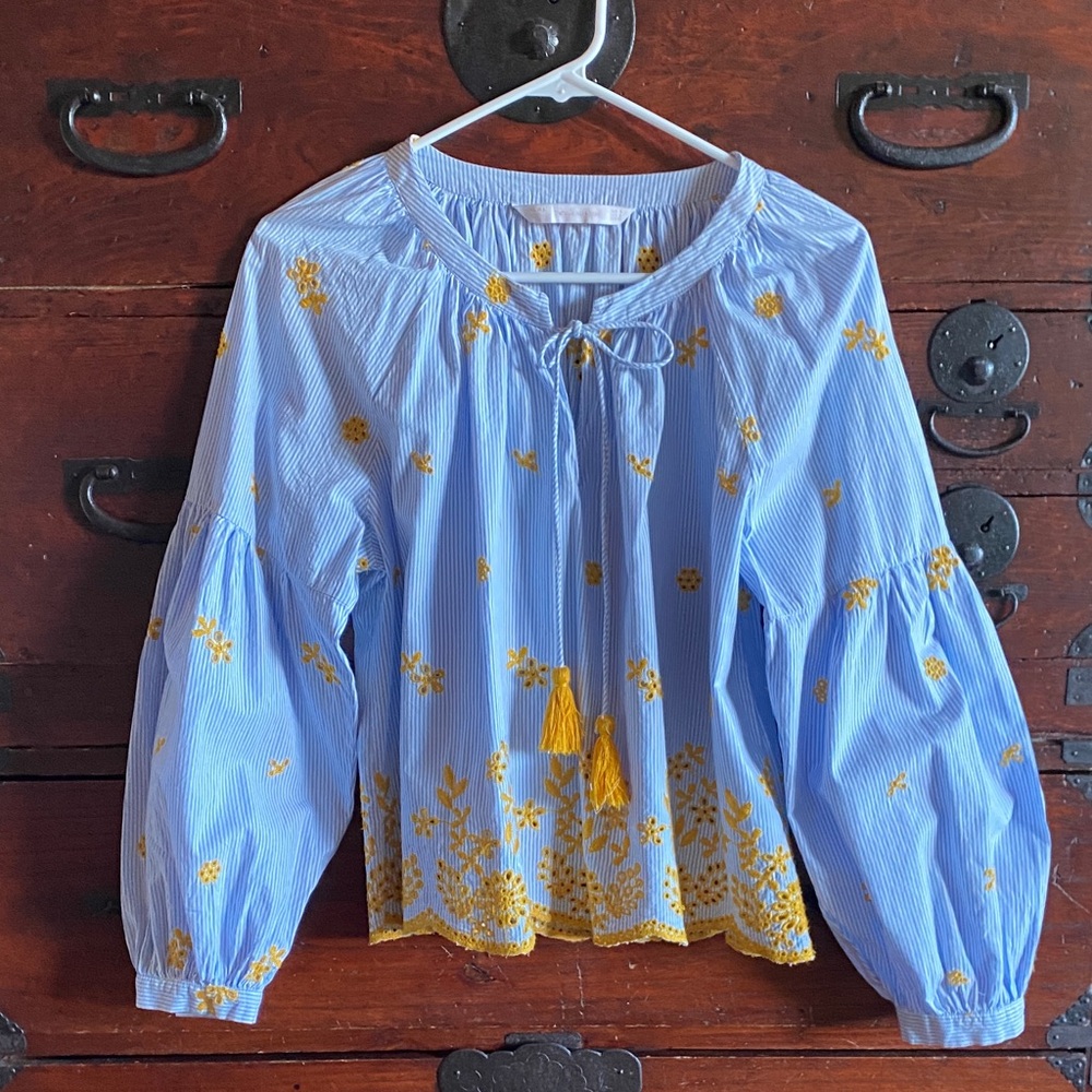 Zara trafaluc collection blouse, white-blue stripes w/ yellow details